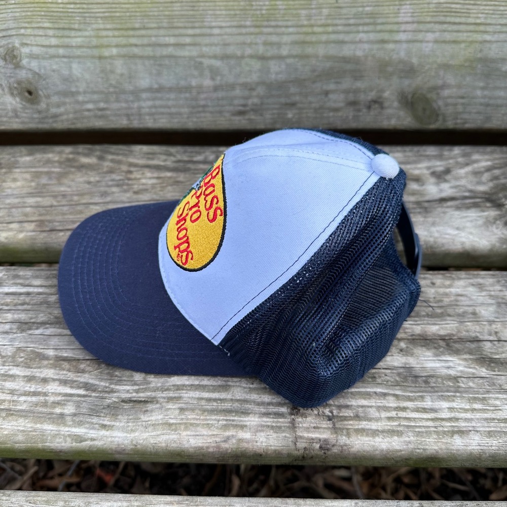 Bass Pro Shops Navy Blue White Mesh Trucker Hat Snapback Fishing Cap OS Gorpcore - Picture 3 of 8